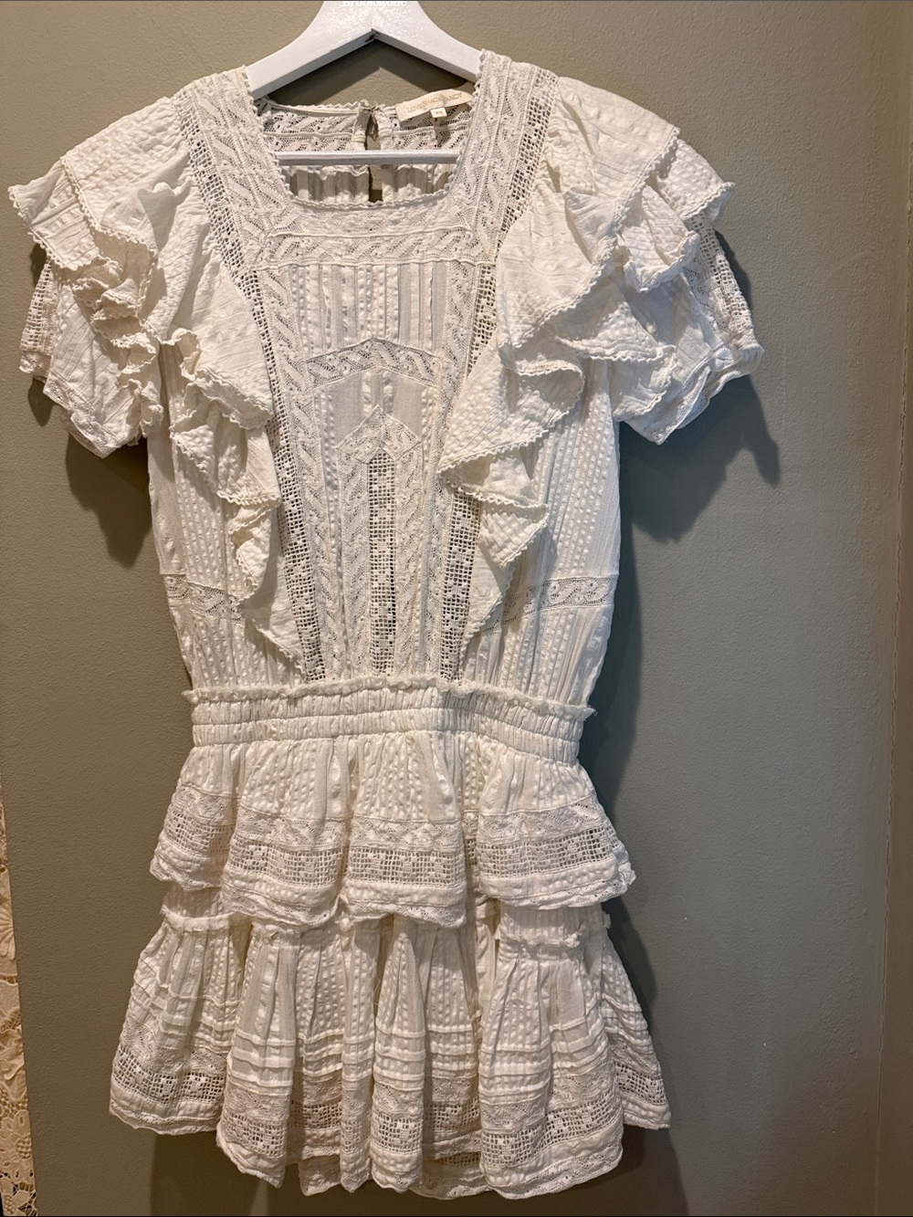 LoveShackFancy White Lace Ruffle Mini Dress